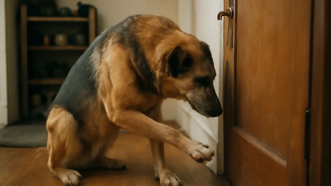 Yaşanmış bir ev koridorunda bir köpek kapının alt kısmını tırmalar halde, ahşap kapıda kullanıma bağlı izler ve doğal pencere ışığıyla çekilmiş belgesel tadında gerçekçi bir fotoğraf.